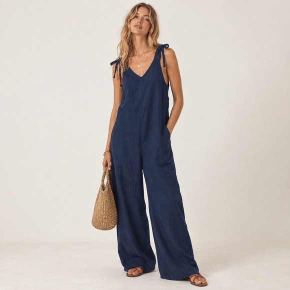 PQ Swim Pants - PQ Swim Neptune Jess Jumpsuit XS/S Navy Blue Linen Tie Shoulder Wide Leg